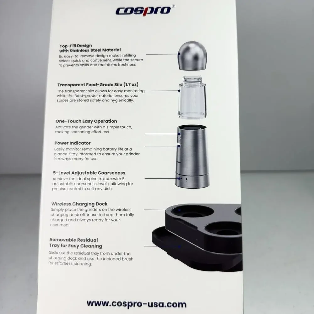 COSPRO Electric Salt & Pepper Grinder Set (3) Adjustable Coarseness NIB